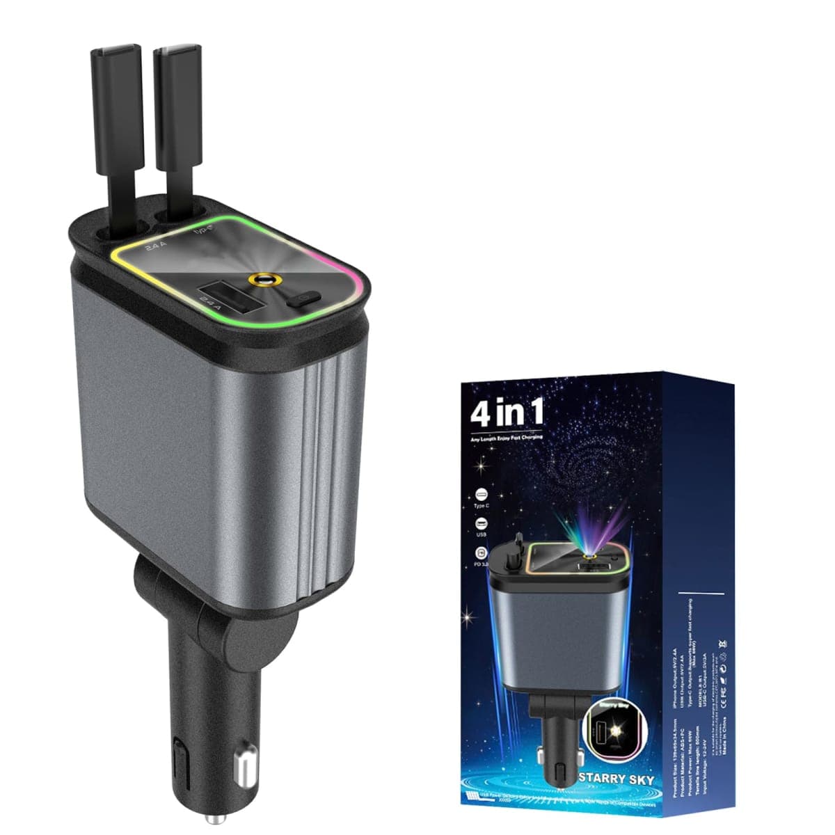 Chargeur Allume-Cigare 4-en-1 avec Projection Ciel Étoilé