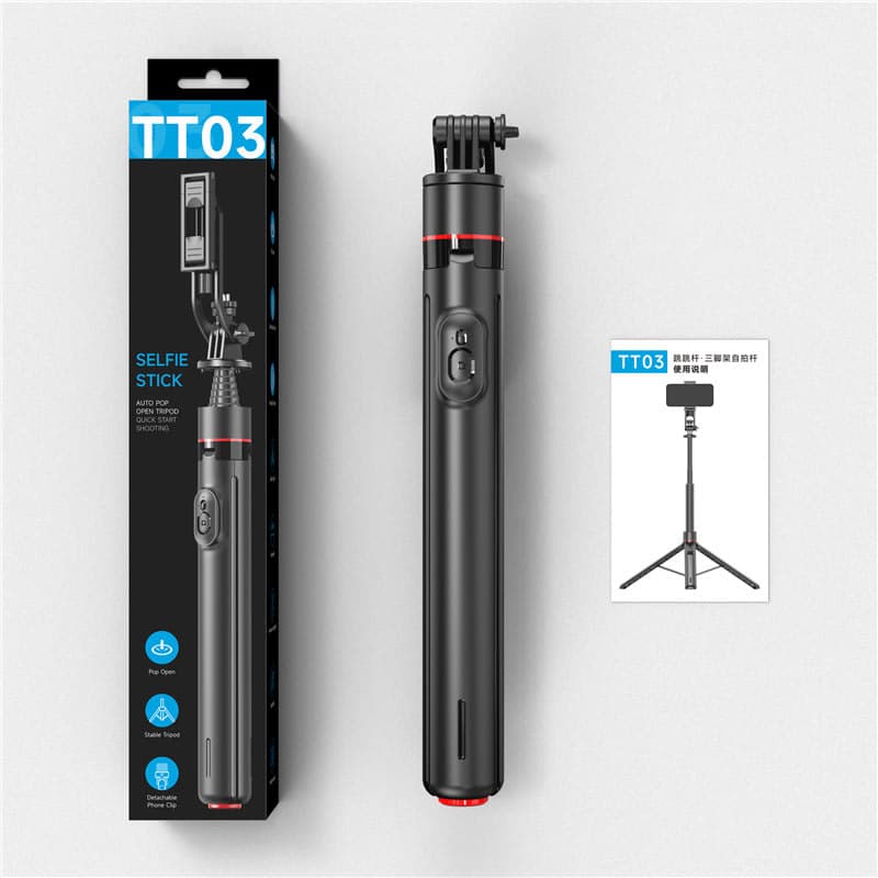 TT03 – Perche à selfie Bluetooth avec trépied et support pour caméra d'action (3 en 1)