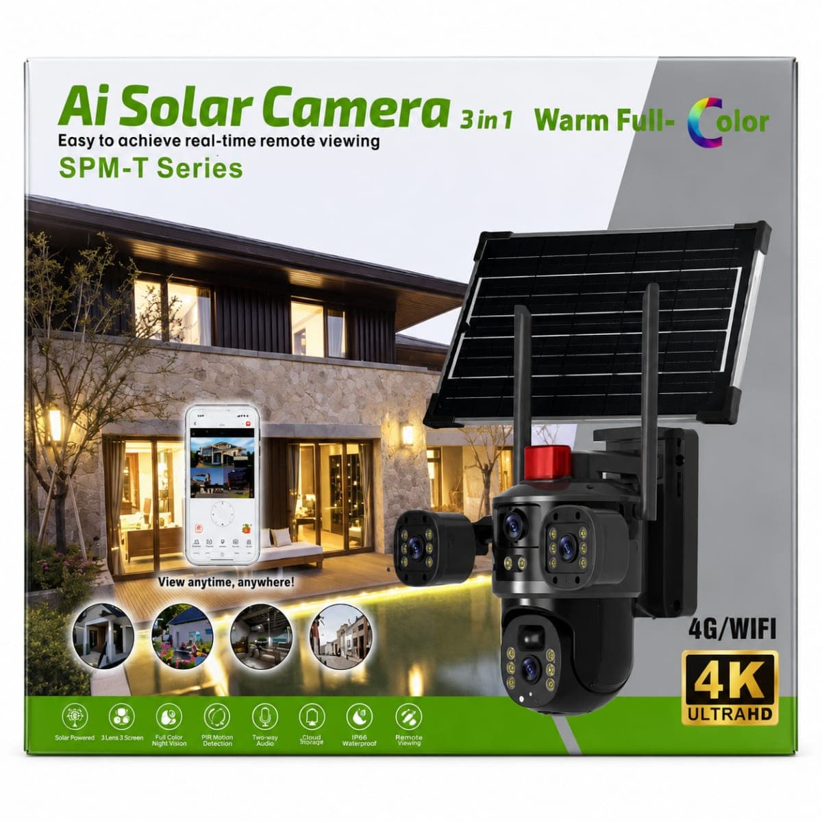 Caméra Solaire 3-en-1 Triple Lens 4K Ultra HD WiFi/4G